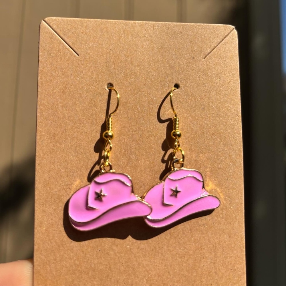 Hot Pink cowgirl hat earrings Gold